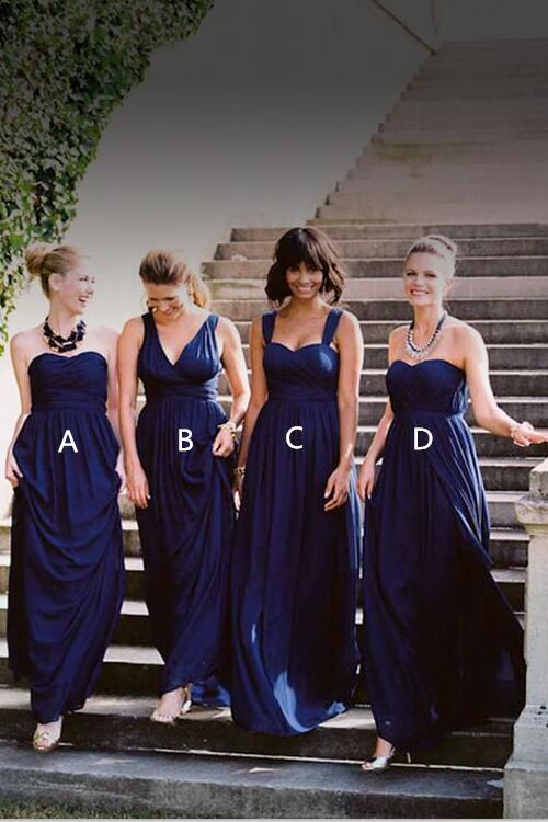 A-line Dark Blue Bridesmaid Long Dress Chiffon Gown for Wedding Parties