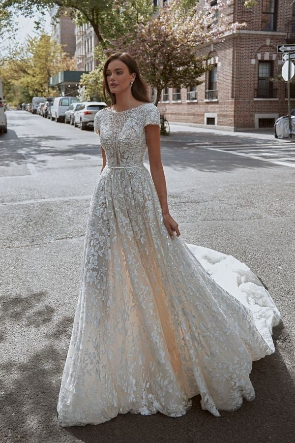 A-line Full Lace Wedding Dress with Short Sleeves loveangeldress A-line Full Lace Wedding Dress with Short Sleeves loveangeldress