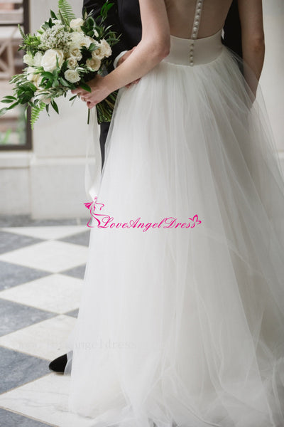 A-line Ivory Simple Bridal Gown Scoop Neck Satin Tulle with Illusion Back