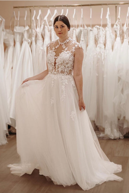 Ivory Lace Floor-Length Wedding Gown with Off-the-shoulder