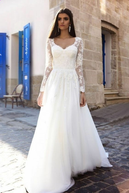 Flower Lace Wedding Dresses with Deep V-neckline