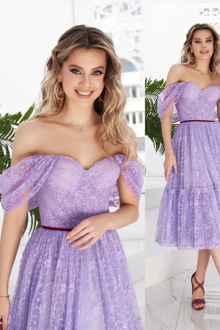 Sky-blue Hi-low Homecoming Dress with Flounced Off-the-shoulder