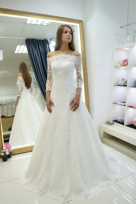 A-line Satin Modest Lace Long Sleeves Wedding Dresses with Pockets
