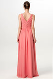 a-line-pleated-v-neck-coral-long-bridesmaid-dress