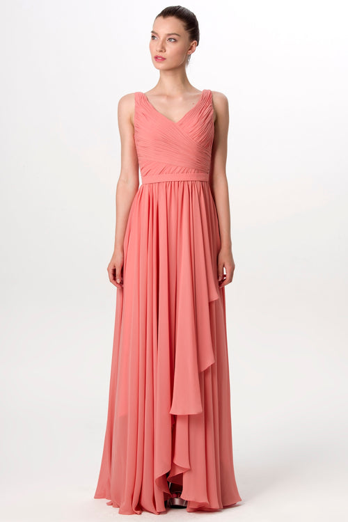 a-line-pleated-v-neck-coral-long-bridesmaid-dress-for-weddings