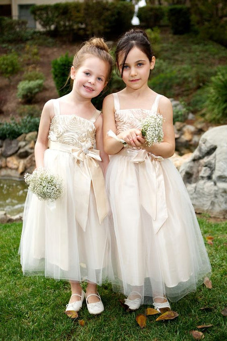 Sequin Tulle Flower Girls Dress Ball Gown with Bow Belt