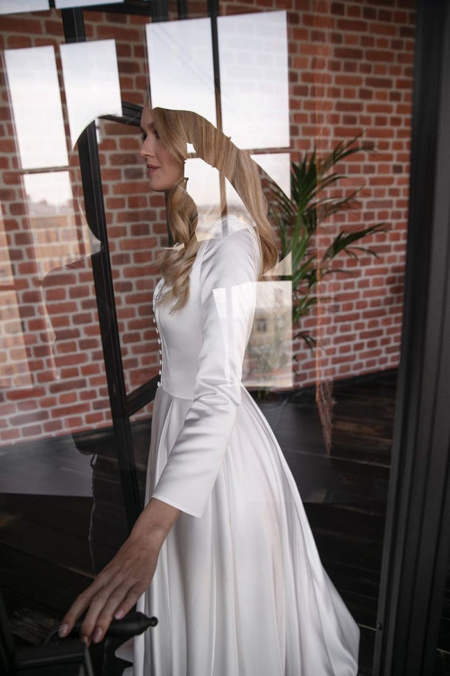 A-line Satin Modest Wedding Dress with Long Sleeves