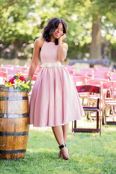 a-line-satin-pink-tea-length-bridesmaid-dress-with-bow-sash-2