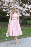 a-line-satin-pink-tea-length-bridesmaid-dress-with-bow-sash