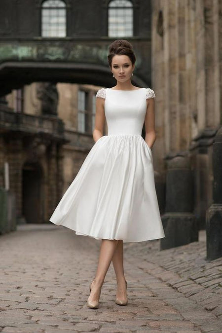 Chic Sleeveless Satin Tea-Length Wedding Gown Online