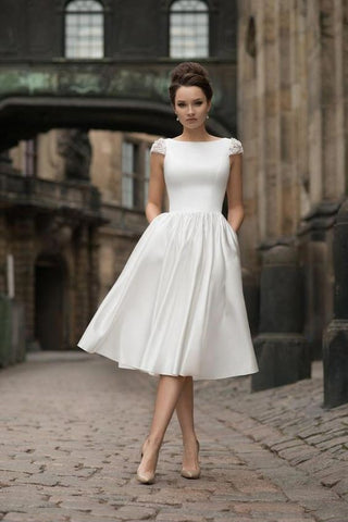 A-line Satin Short Wedding Dress with Beaded Cap Sleeves