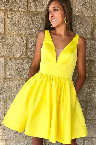 short yellow dresses A Line V Neck Prom Dresses, V Neck Yellow Short Homecomin morievent Whether youre heading to homecoming A-line Satin Short Yellow Homecoming