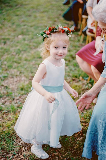 Scoop Neck Ivory Champagne Flower Girl Dress with Tulle Skirt