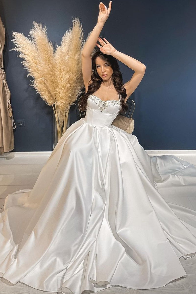 A-line Satin Wedding Dresses with Beaded Neckline loveangeldress A-line Satin Wedding Dresses with Beaded Neckline loveangeldress
