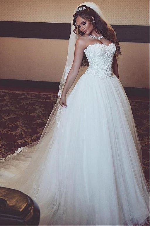 A-line Strapless Lace Corset Wedding Dresses Ivory Tulle Skirt loveangeldress A-line Strapless Lace Corset Wedding Dresses Ivory Tulle Skirt loveangeldress