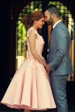 a-line-tea-length-pink-wedding-dresses-with-3d-flowers