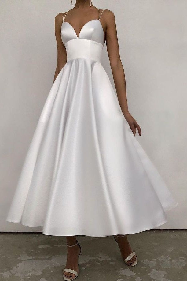 A-line Tea-Length White Wedding Gown with Straps Back loveangeldress A-line Tea-Length White Wedding Gown with Straps Back loveangeldress