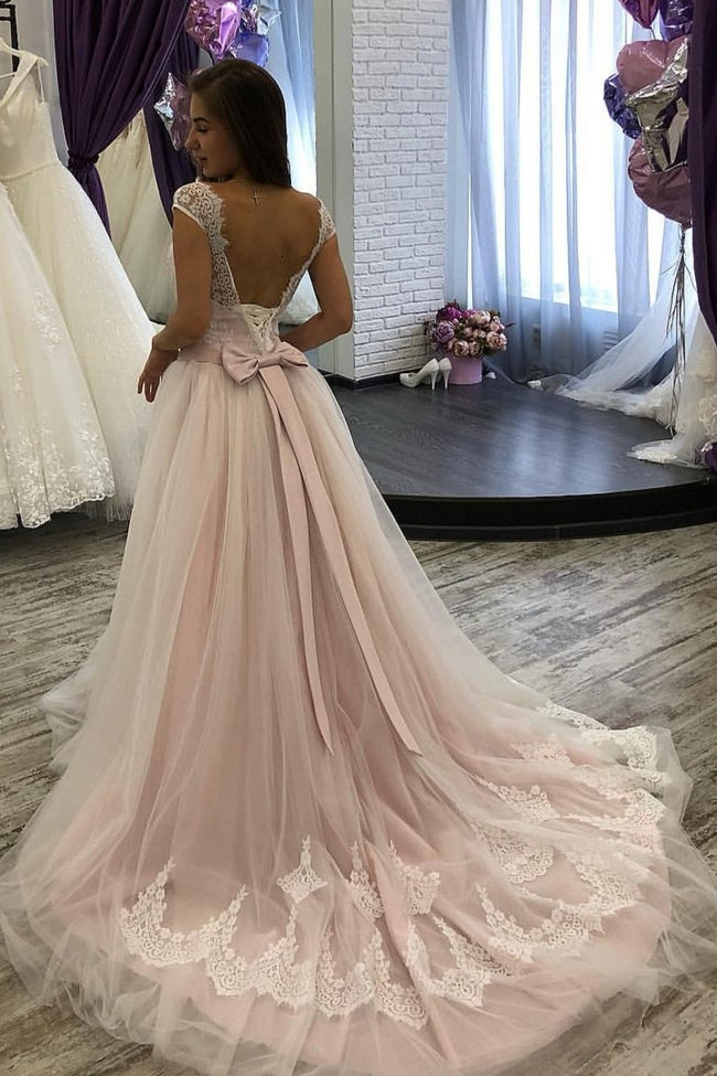 a-line-tulle-blush-pink-wedding-dress-lace-capped-sleeves-1