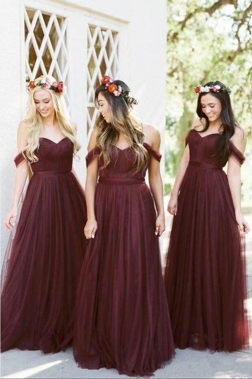 a-line-tulle-off-the-shoulder-wine-bridesmaid-dresses-long