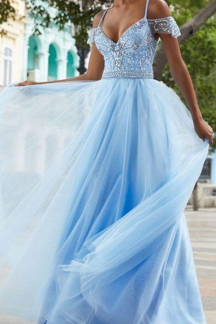 2023 Sky Blue Prom Dresses V Neck Long Sleeves With Applique Ruffles Formal  Party Dress Evening Dress Robe De Soirée US Size 20W Color same as picture