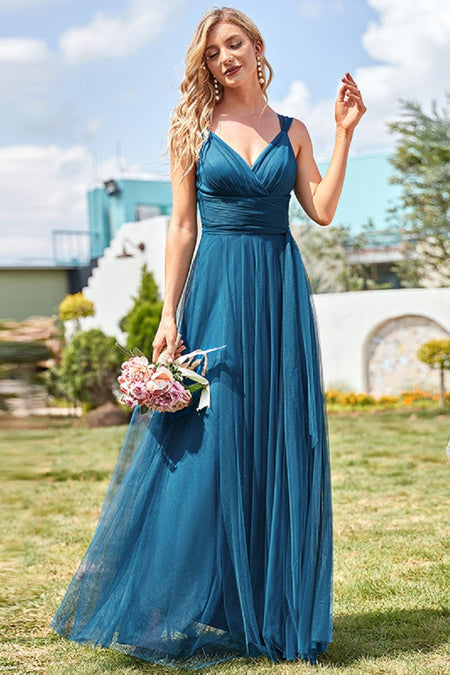 V-neckline Sage Long Bridesmaid Gown Chiffon Skirt