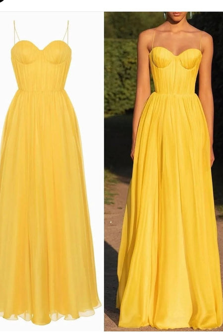 Yellow Satin Prom Gown with Rhinestones Sweetheart Neckline