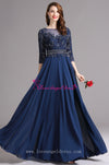 A-line Blue Chiffon Dazzling Beaded Mother Wedding Guest Dresses with Sleeves