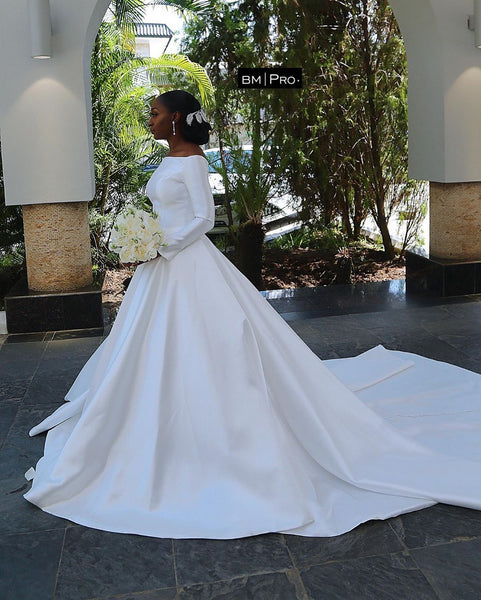 african-white-satin-wedding-dress-with-long-train-1