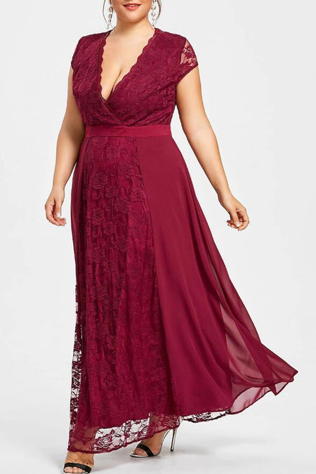 V-neck Chiffon Mother of the Bride Lace Dress with Cap Sleeves