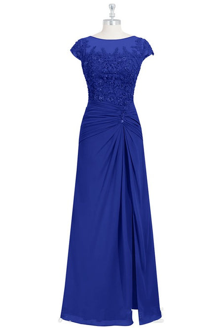 Crew Neck Lace Chiffon Blue Mother Wedding Party Dresses