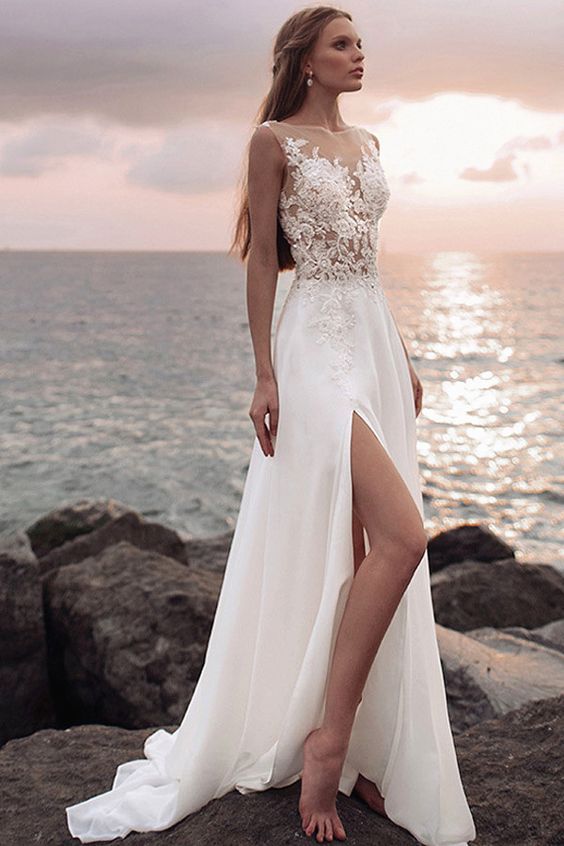 Appliqued Lace Beach Wedding Gowns with See-through Neckline –  loveangeldress