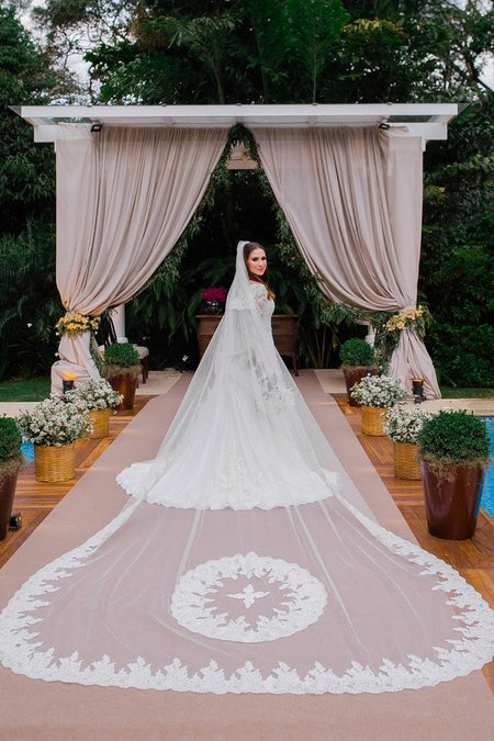 Two Tiers Finger Veils with Beaded Lace Hairband