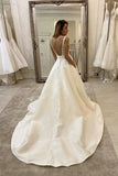 Appliqued Lace V-neckline Wedding Dresses Satin Skirt