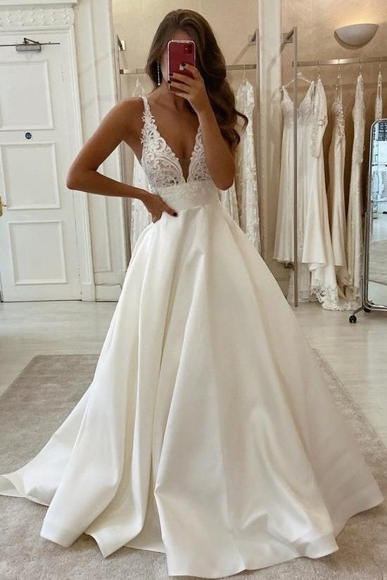 Satin V-neck Ball Gown Wedding Dress With Floral Lace Skirt