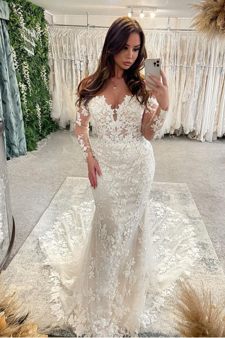 Transparent Full Sleeves Lace Wedding Dress with Beaded Neckline