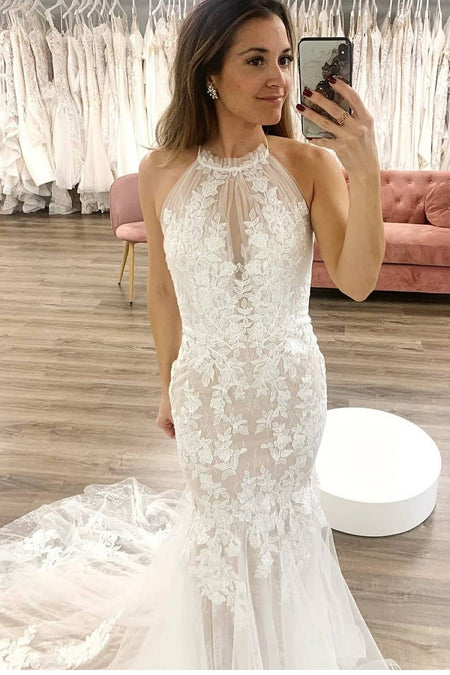 Trumpet Wedding Dress with Lace Square Neck and Train