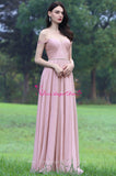 Off-the-shoulder Pink Chiffon Long Prom Dresses with Rhinestones Sash