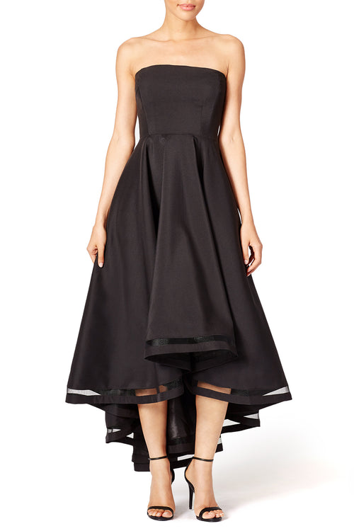 Backless Black High-Low Prom Gown with Strapless Bodice