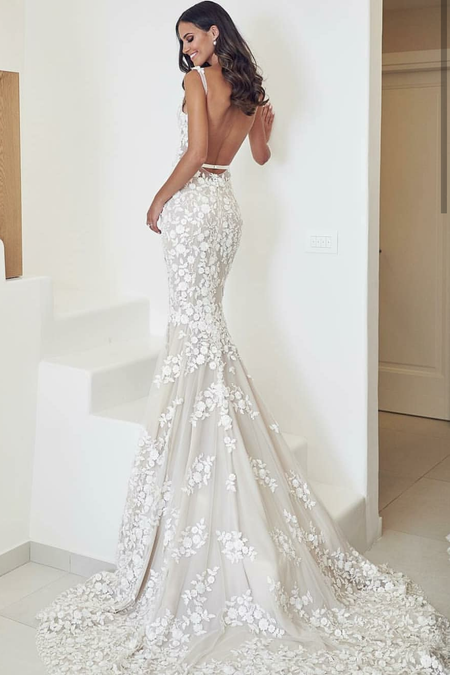 Fit&Flare V-neck Wedding Dress Lace Beaded Backless