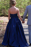 Backless Strapless Navy Prom Dresses with Rhinestones Pockets