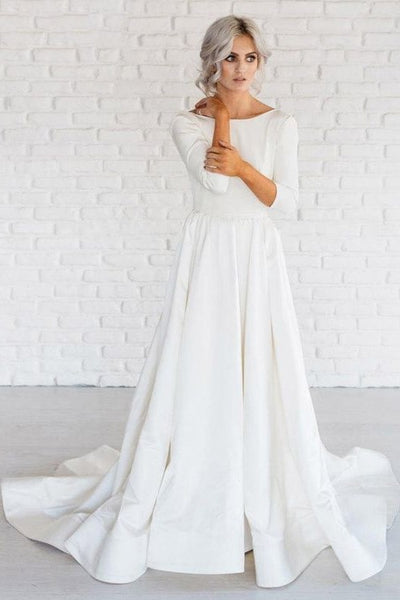 bateau-neckline-satin-wedding-dress-34-sleeve-vestido-de-noiva-2019