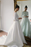 bateau-satin-long-sleeves-wedding-dresses-with-box-pleats