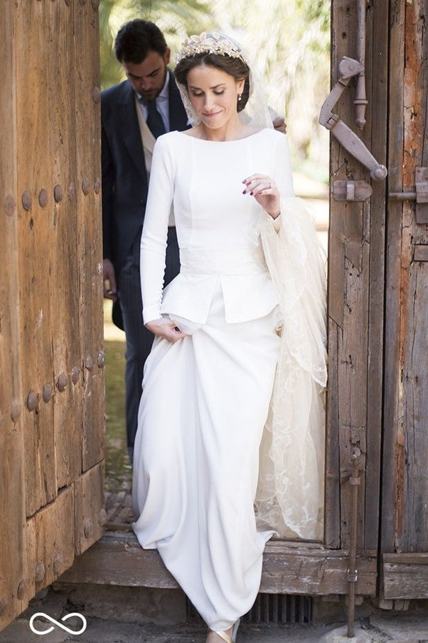 Bateau Sheath White Long-sleeves Wedding Gown with Peplum