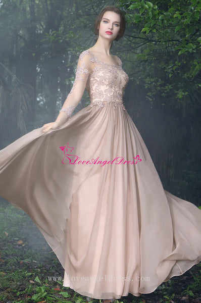 Beaded Lace Champagne Chiffon Evening Dresses with Sheer Long Sleeves