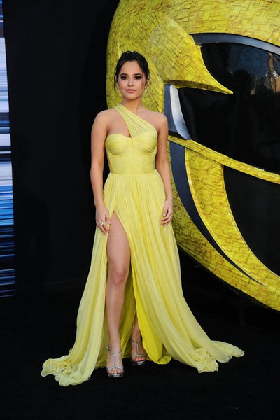 Becky G Yellow Chiffon Dress with Asymmetric Neckline