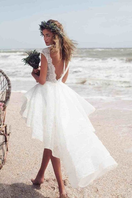 Sleeveless Tea-length Wedding Dress with Lace Hollow Back