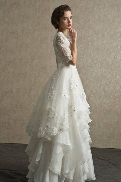 bead-lace-modest-wedding-dress-with-ruffled-organza-skirt