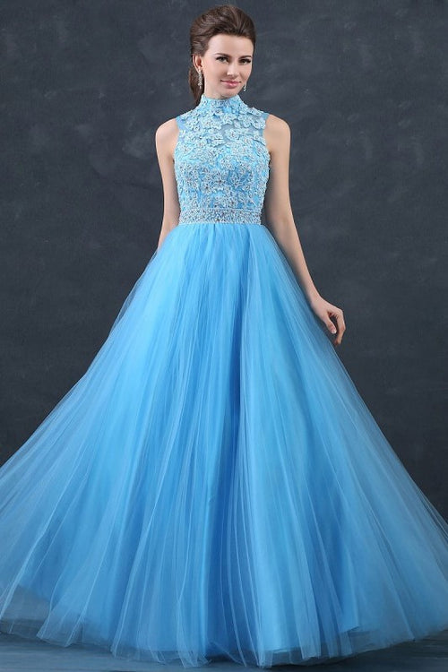 Beaded Appliques Lace Blue Prom Dresses with Tulle Skirt