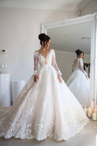 Beaded Floral Lace Wedding Dresses Illusion Long Sleeves 2020