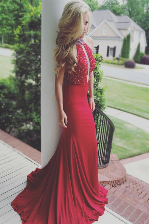 beaded-high-neck-red-long-prom-dress-hugging-bodice